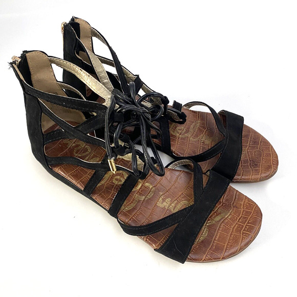 Sam Edelman Danica Sandal Flat Black Faux Suede Strappy Open Toe Lace Up… - Picture 2 of 6